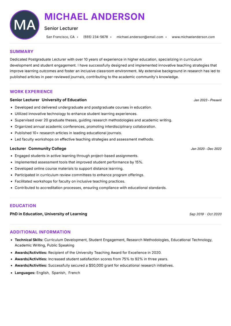 Postgraduate Lecturer resume example — ATS-friendly template