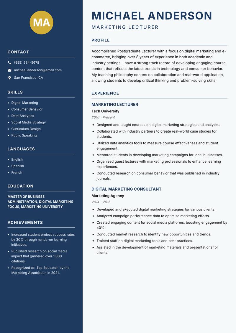 Postgraduate Lecturer resume template — Classic Clean