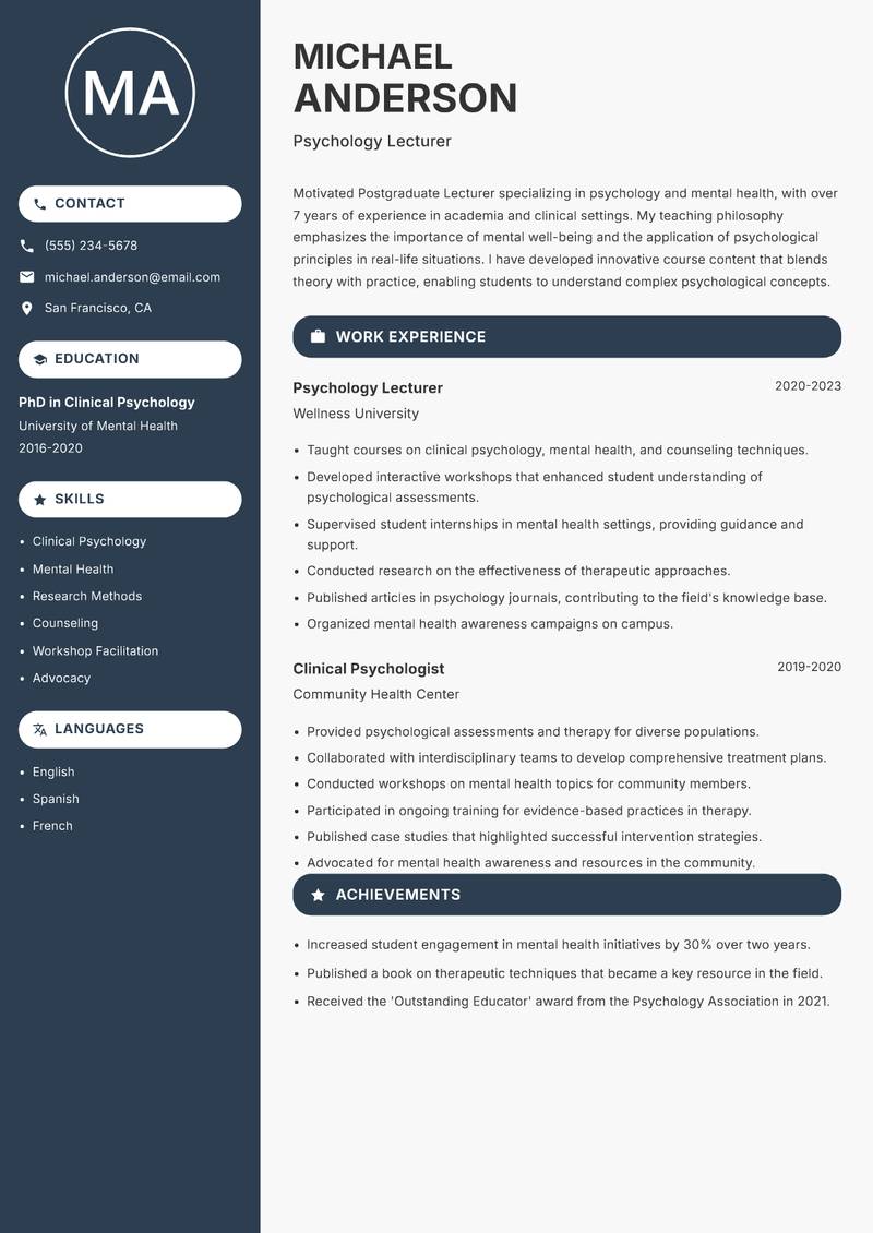 Postgraduate Lecturer resume template — Compact