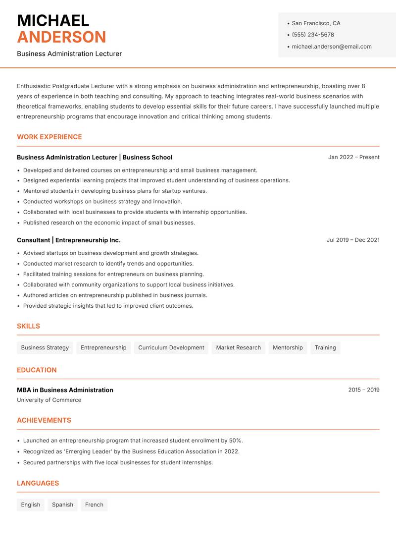 Postgraduate Lecturer resume template — Modern Professional