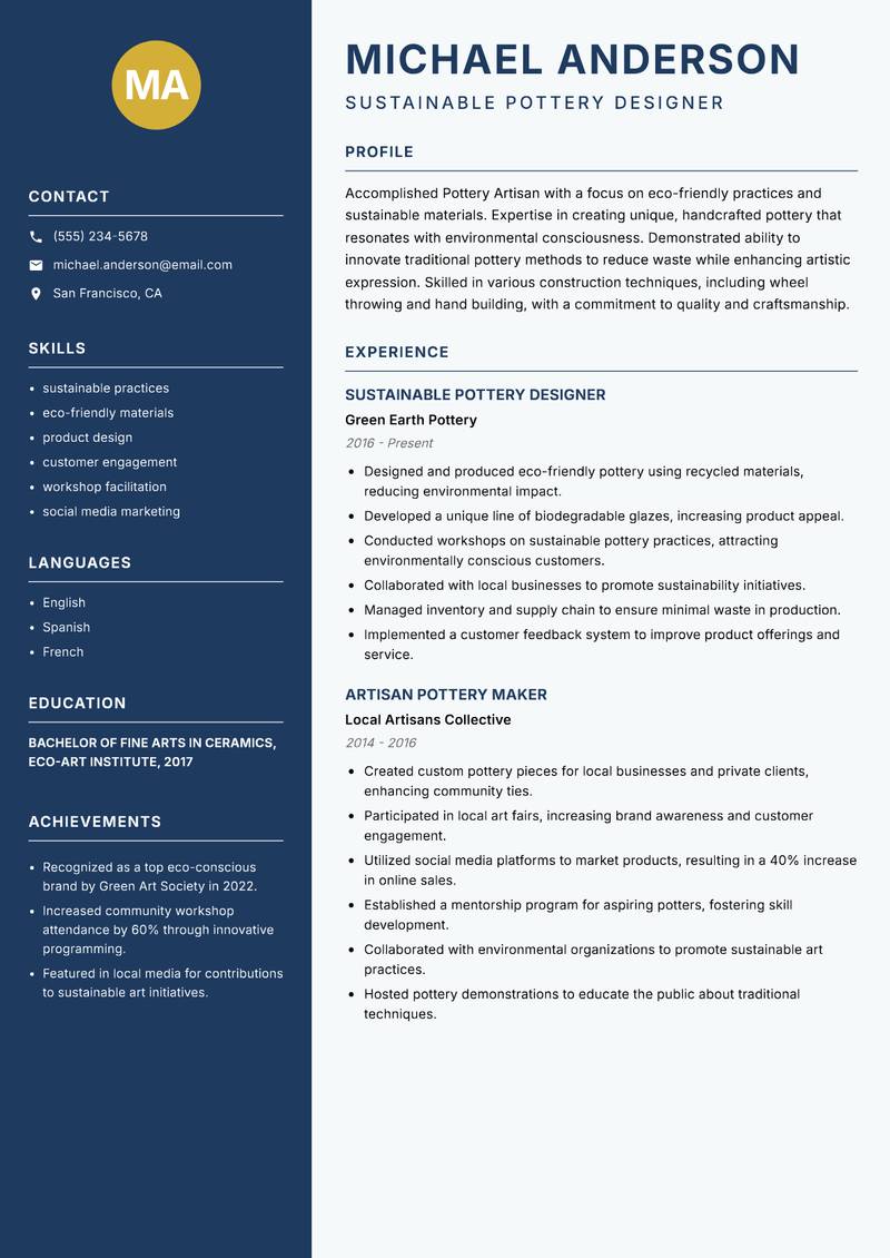 Pottery Artisan resume template — Classic Clean