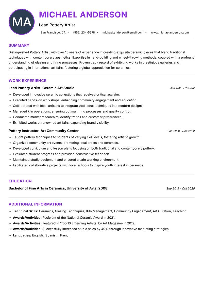 Pottery Artist resume example — ATS-friendly template