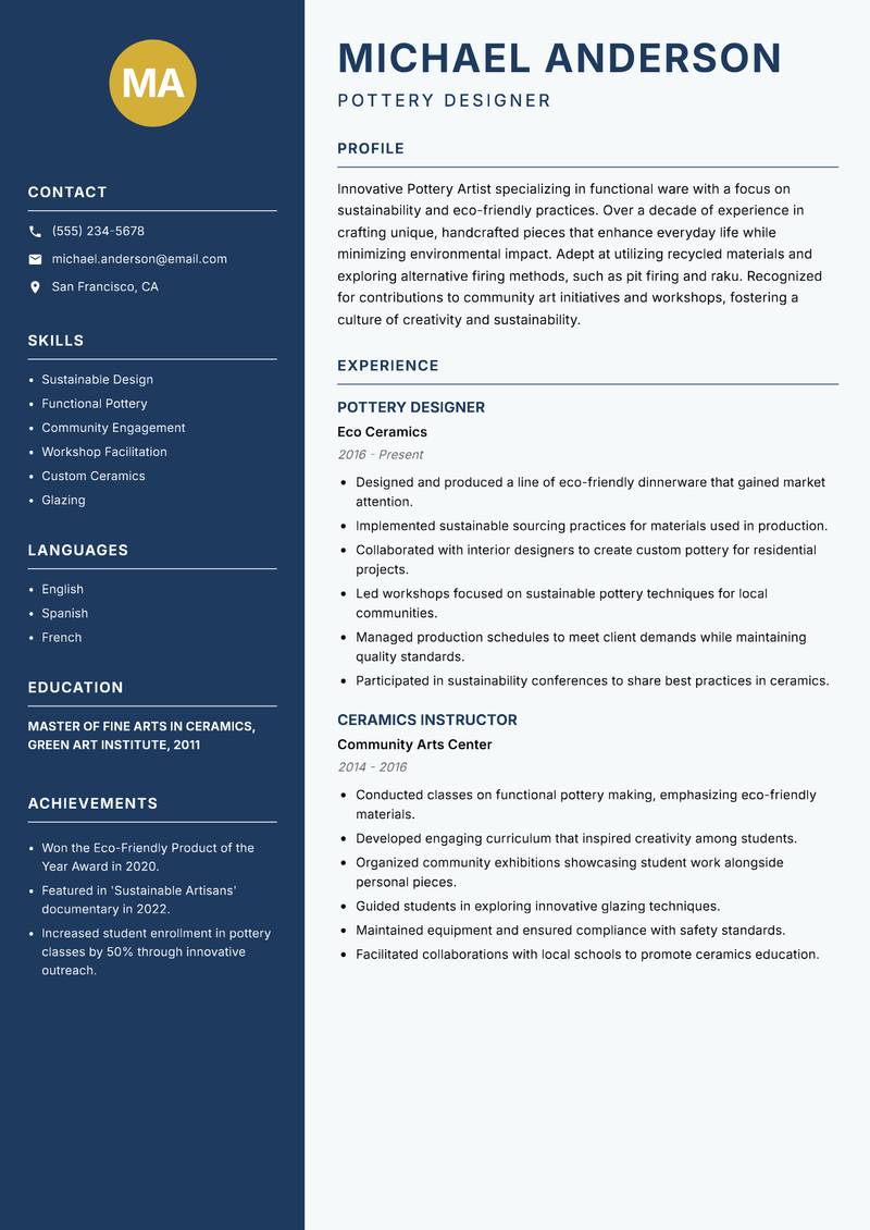 Pottery Artist resume template — Classic Clean