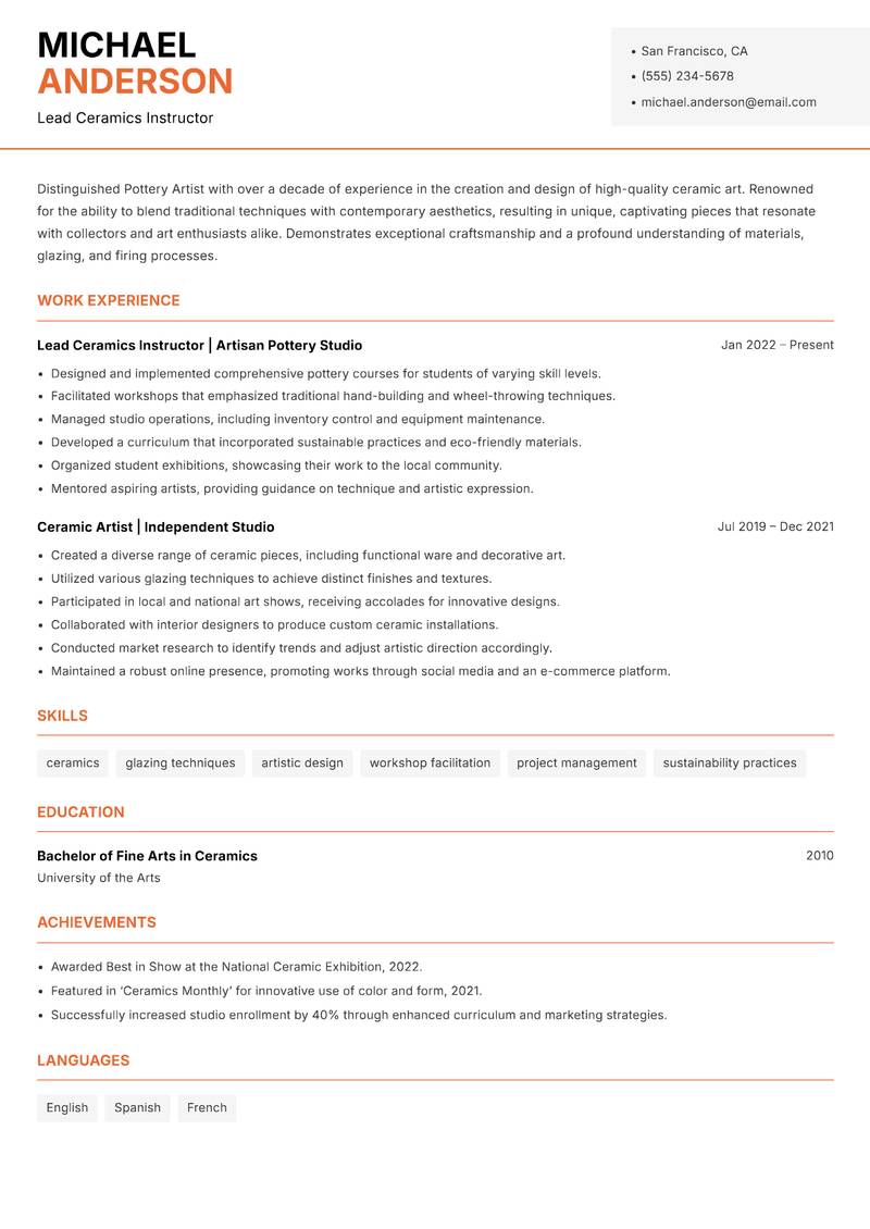 Pottery Artist resume template — Modern Professional