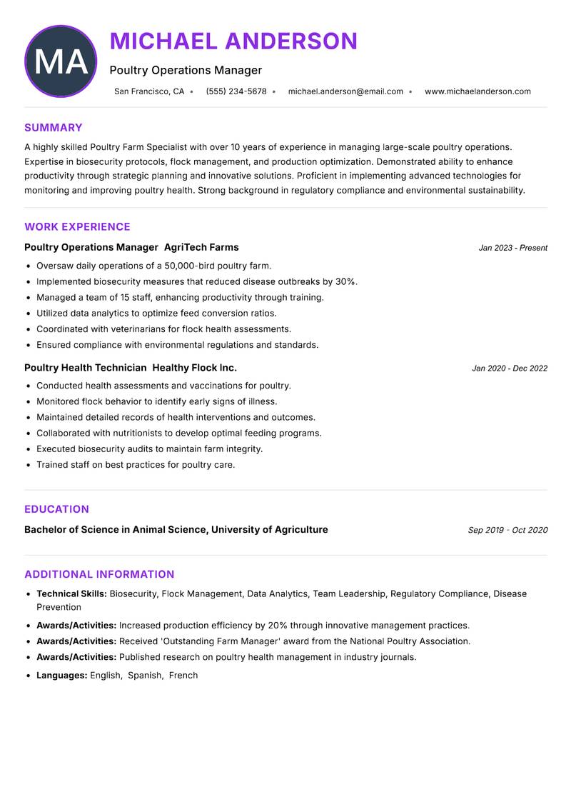 Poultry Farm Specialist resume example — ATS-friendly template