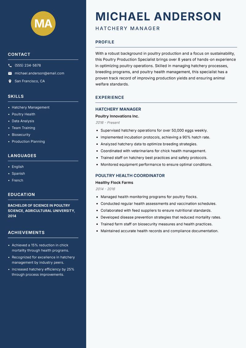 Poultry Production Specialist resume template — Classic Clean