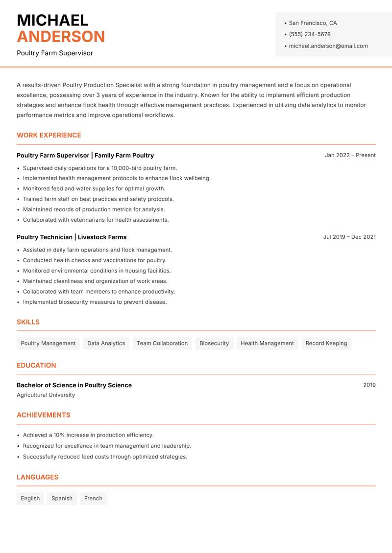 Poultry Production Specialist resume template — Modern Professional