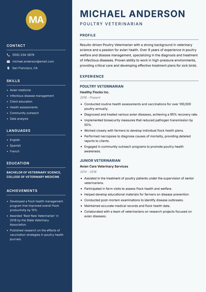 Poultry Veterinarian resume template — Classic Clean