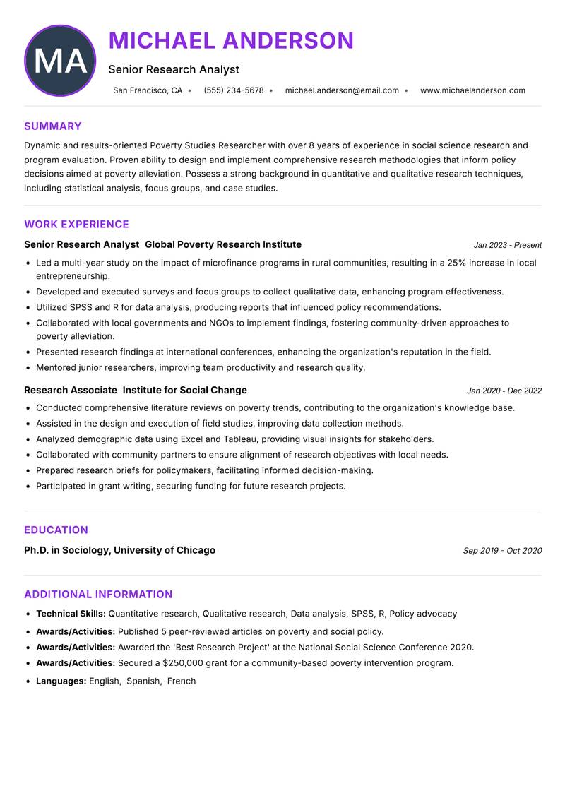 Poverty Studies Researcher resume example — ATS-friendly template