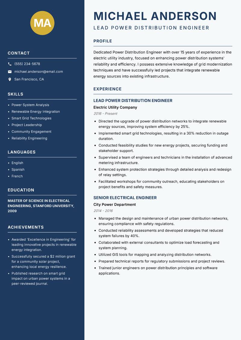 Power Distribution Engineer resume template — Classic Clean