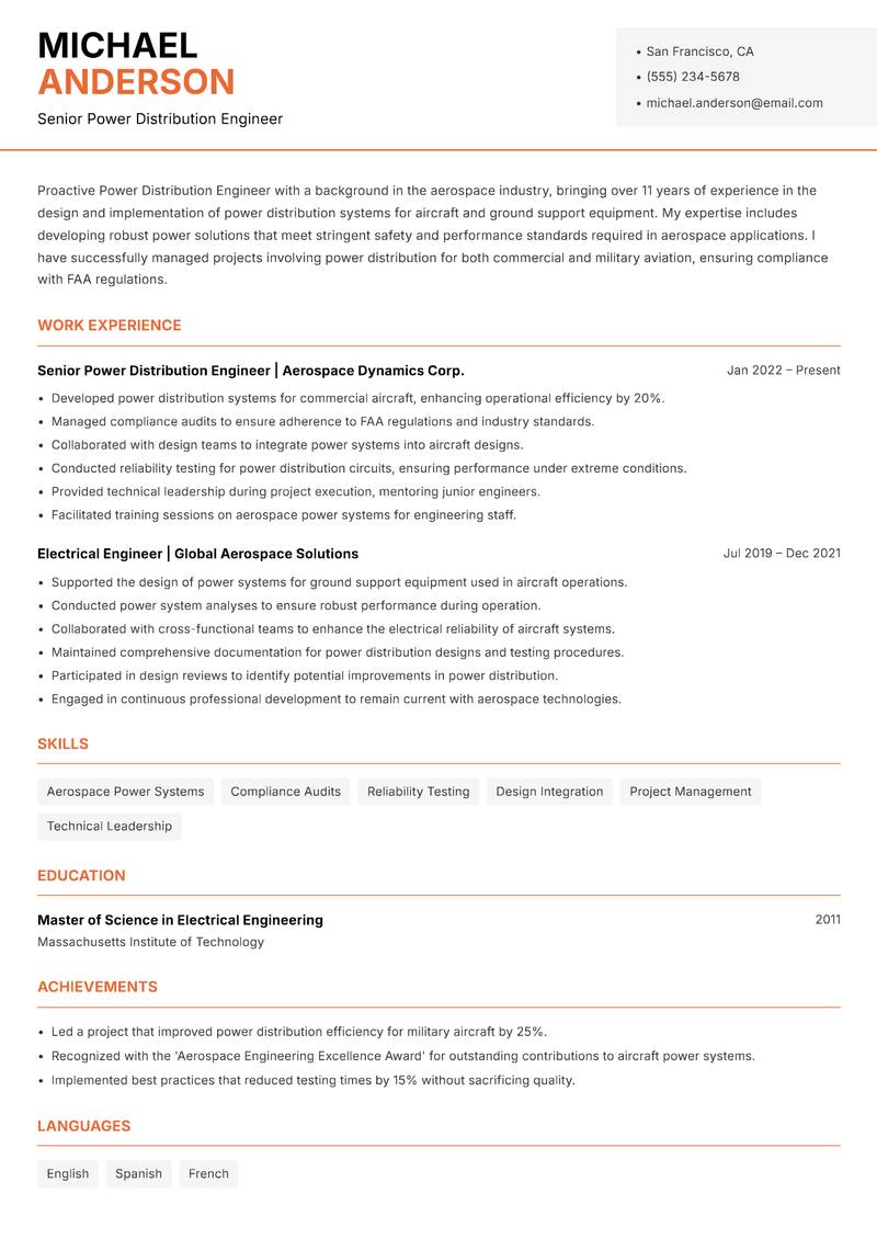 Power Distribution Engineer resume template — Modern Professional