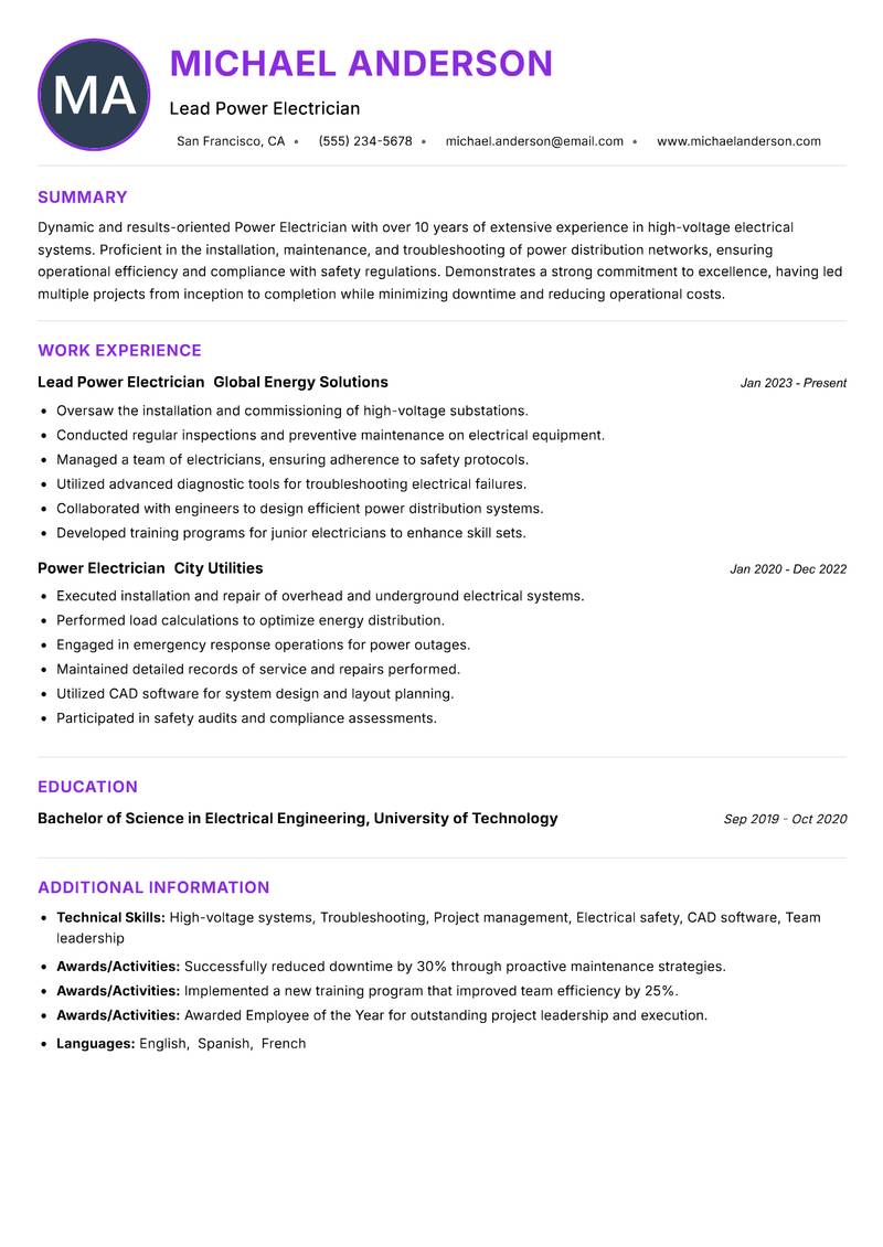 Power Electrician resume example — ATS-friendly template