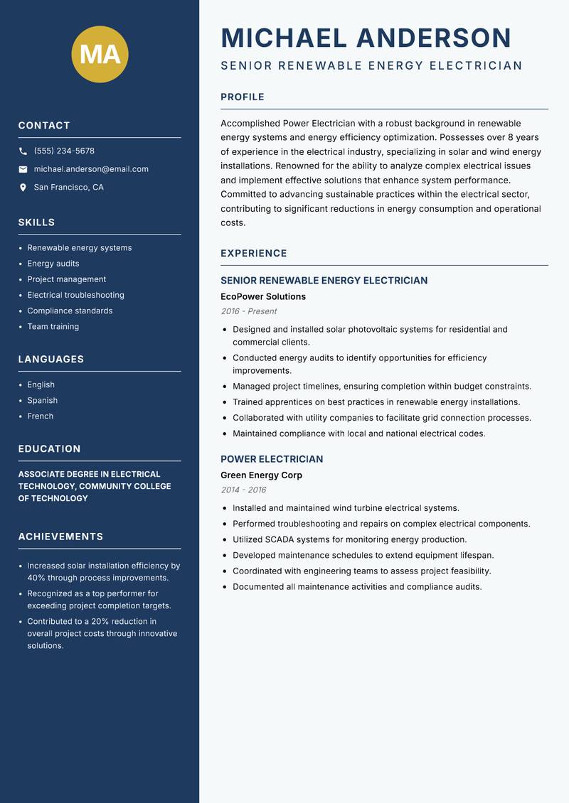Power Electrician resume template — Classic Clean