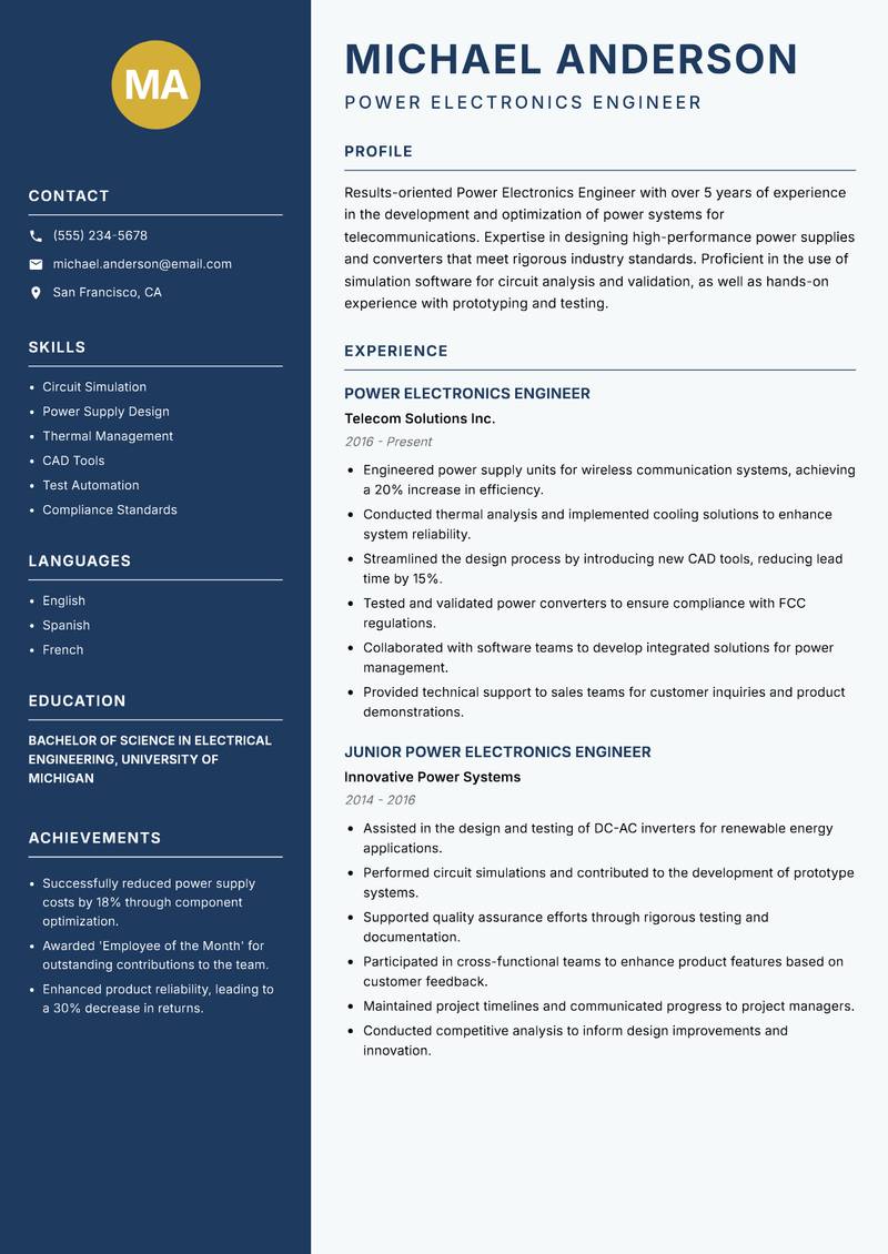 Power Electronics Engineer resume template — Classic Clean