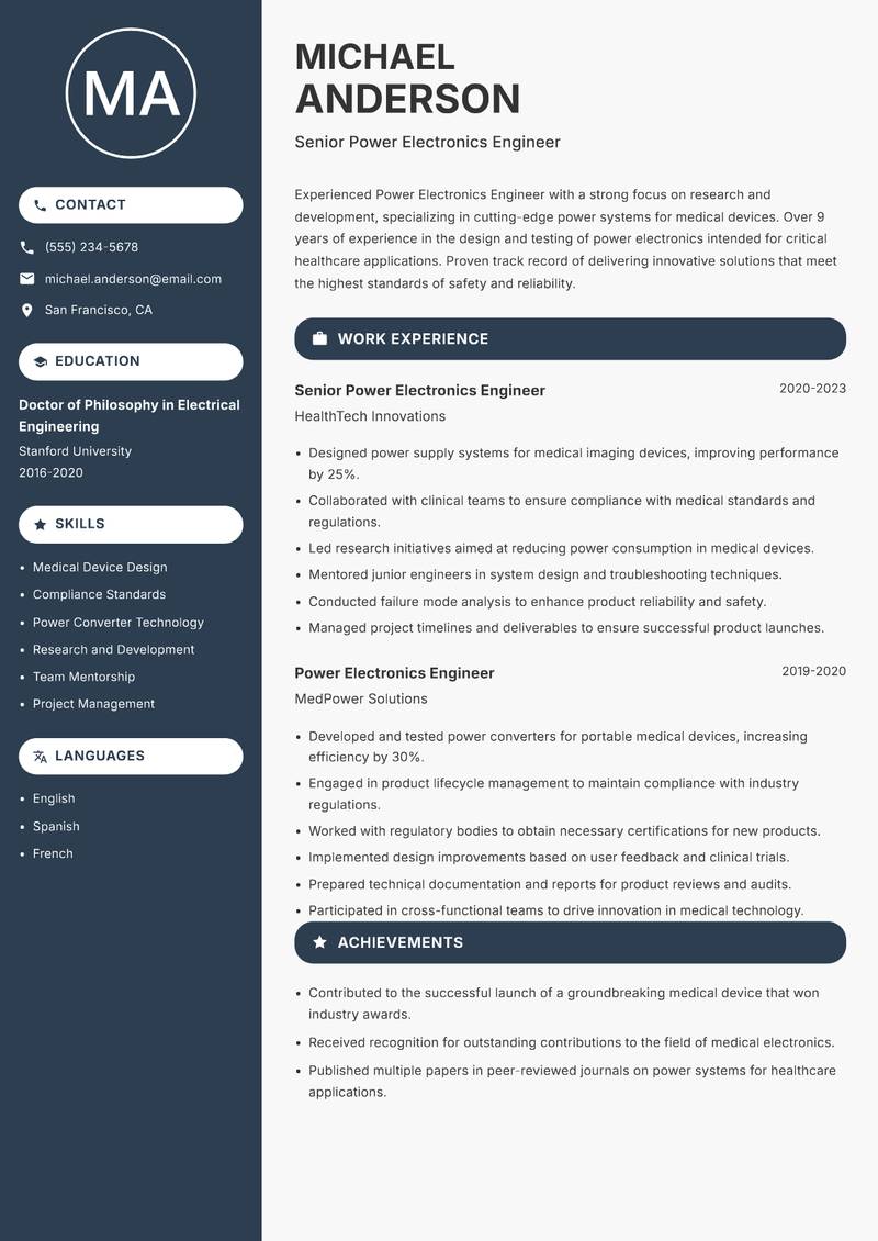 Power Electronics Engineer resume template — Compact