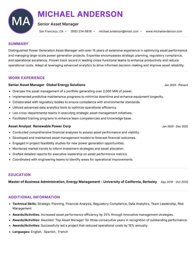 Power Generation Asset Manager resume example — ATS-friendly template