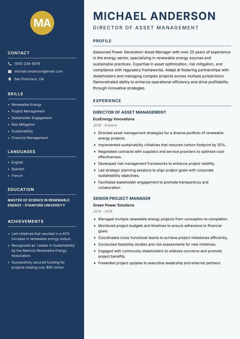 Power Generation Asset Manager resume template — Classic Clean