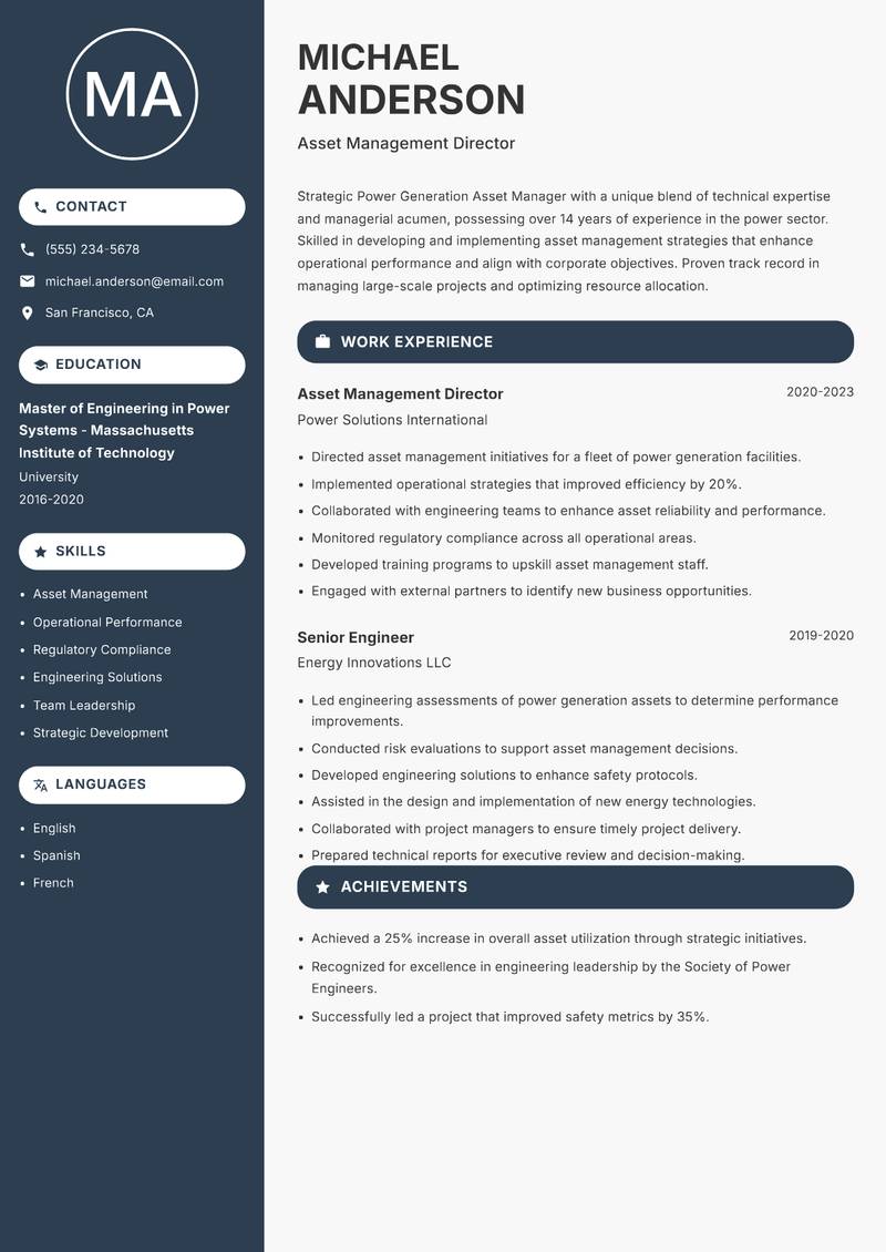 Power Generation Asset Manager resume template — Compact