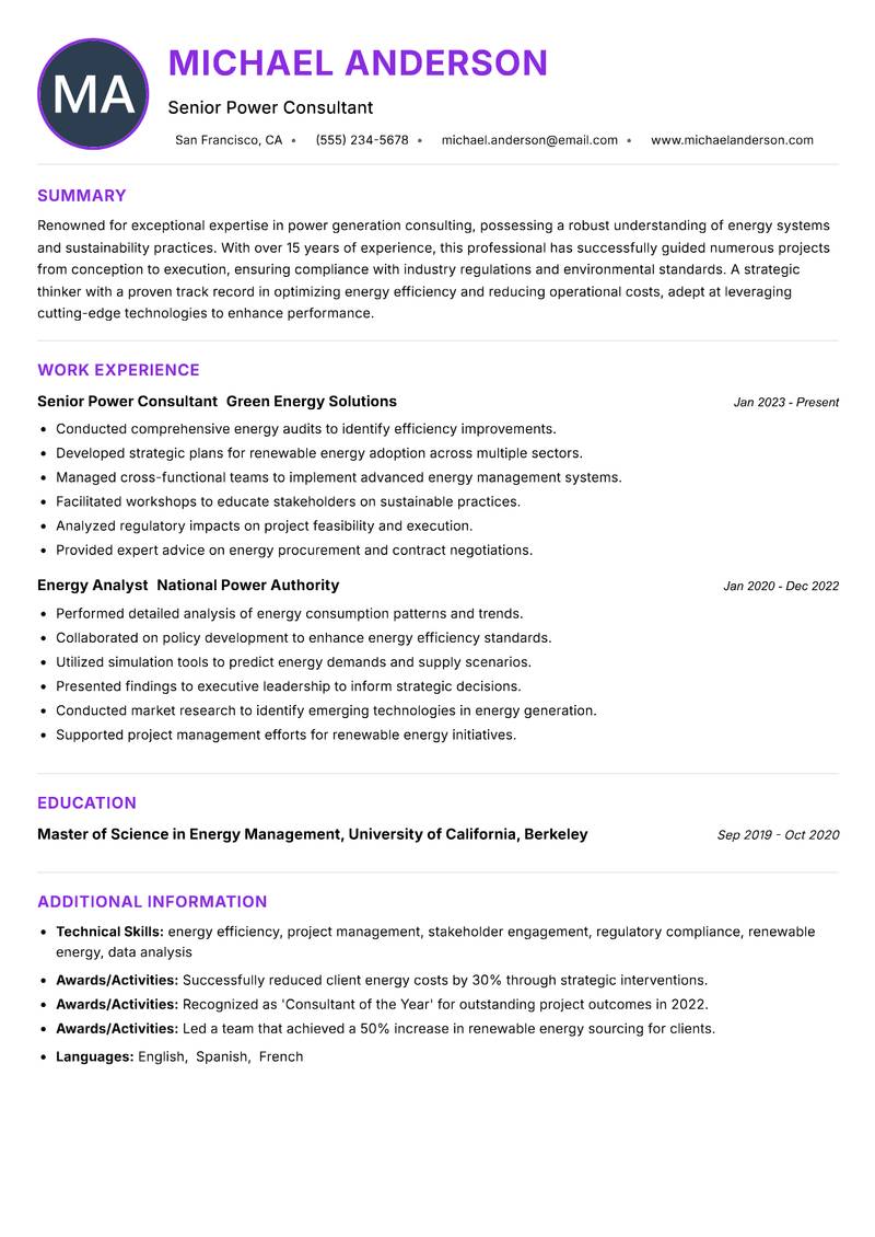 Power Generation Consultant resume example — ATS-friendly template