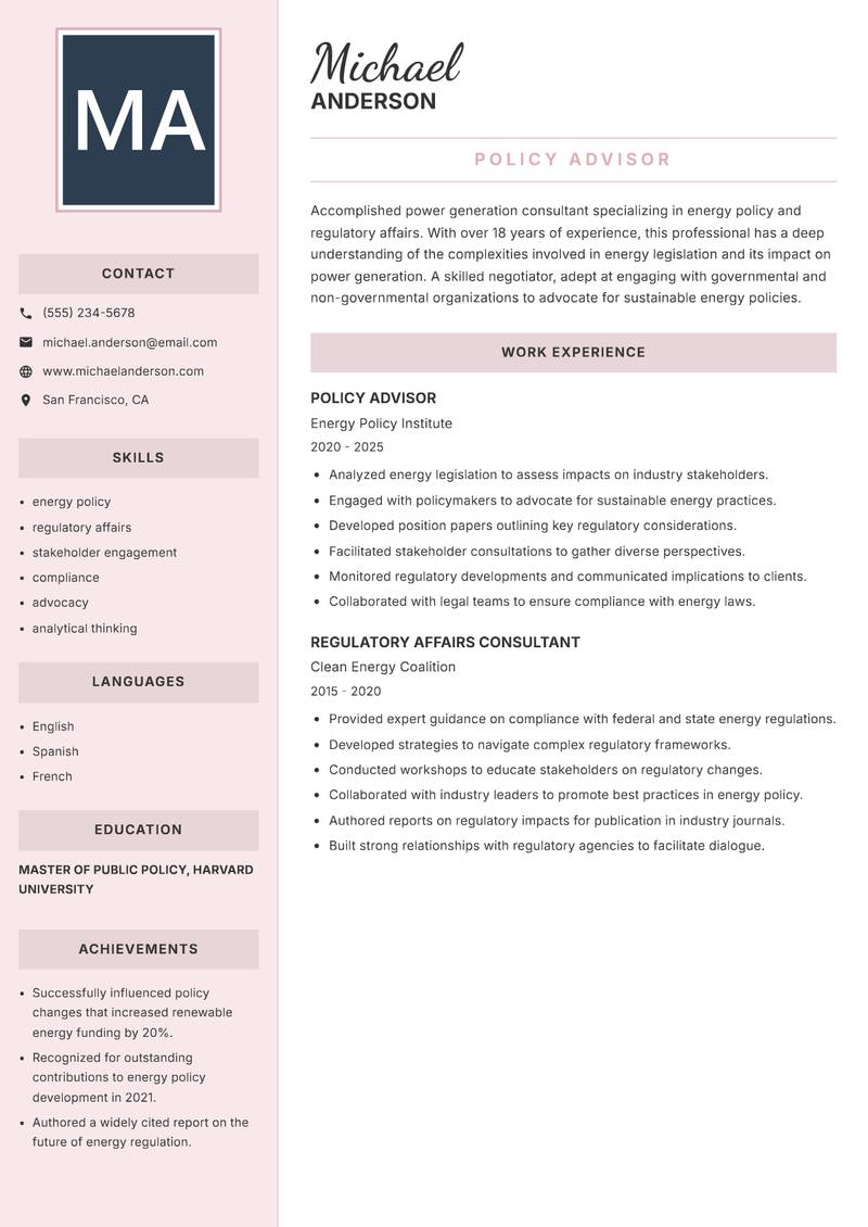 Power Generation Consultant resume template — Executive