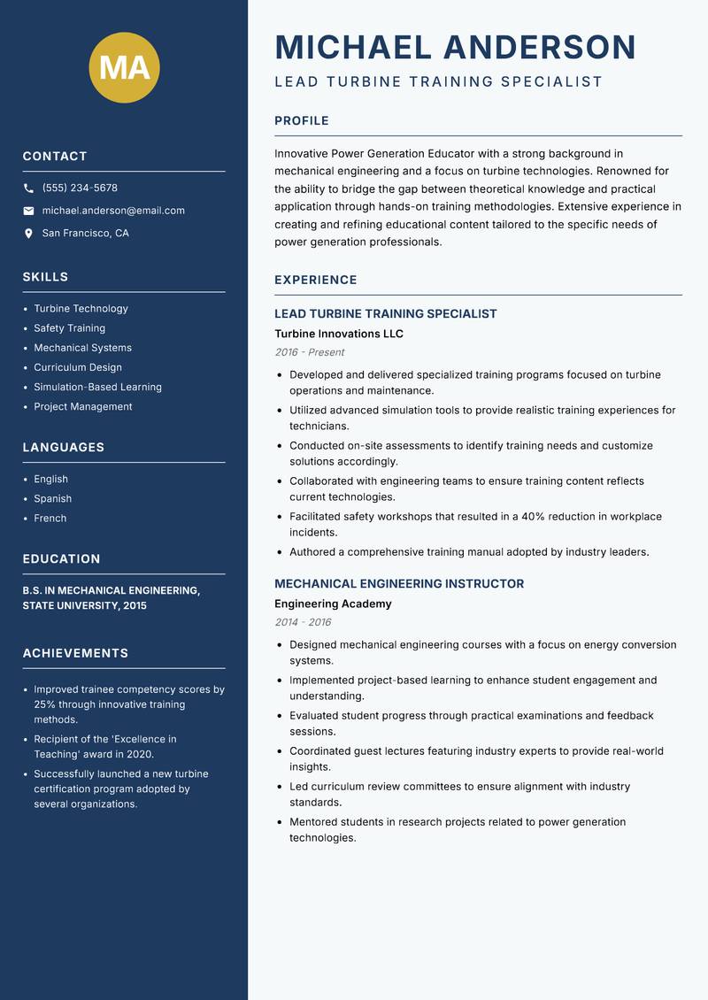 Power Generation Educator resume template — Classic Clean