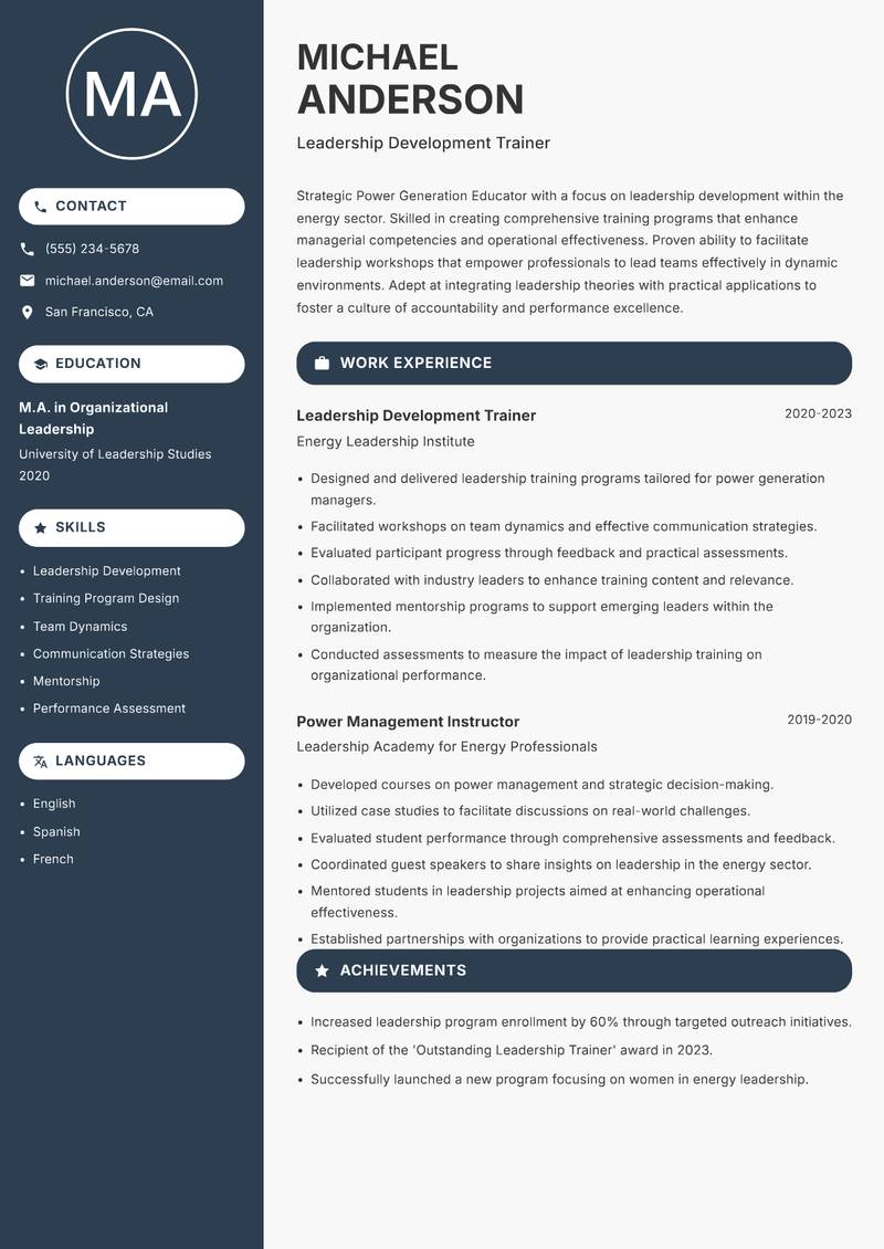 Power Generation Educator resume template — Compact
