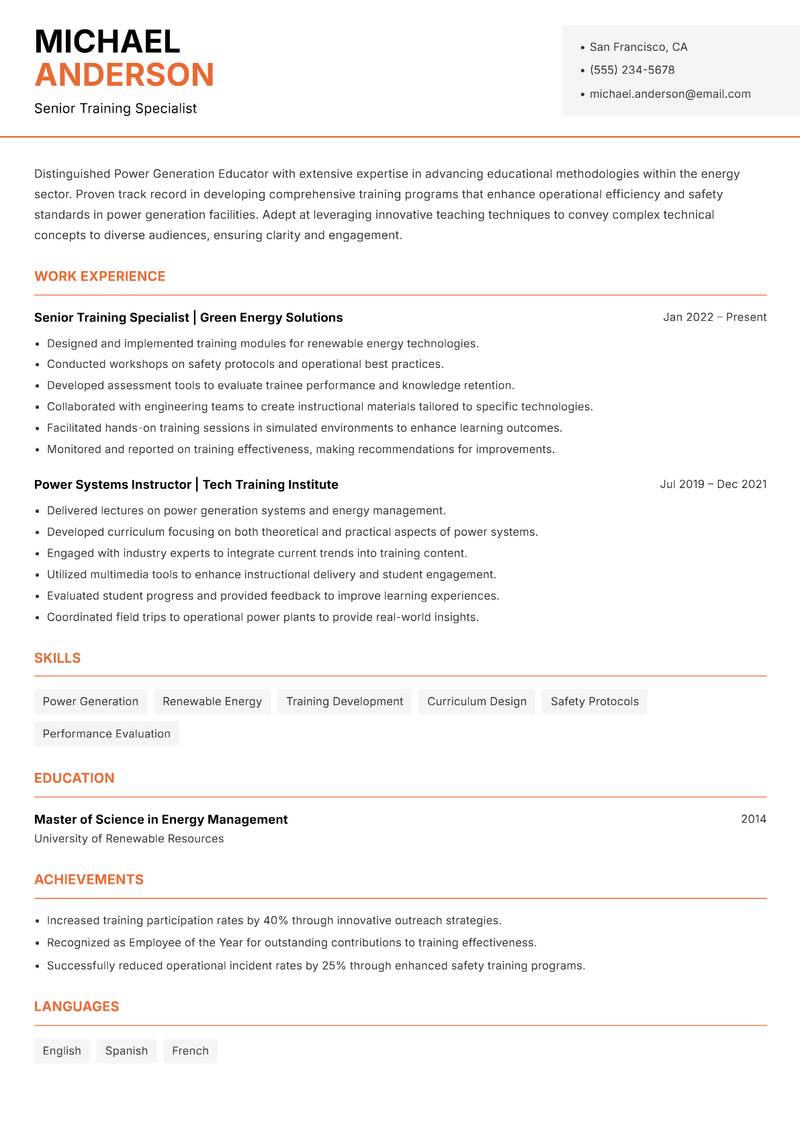 Power Generation Educator resume template — Modern Professional