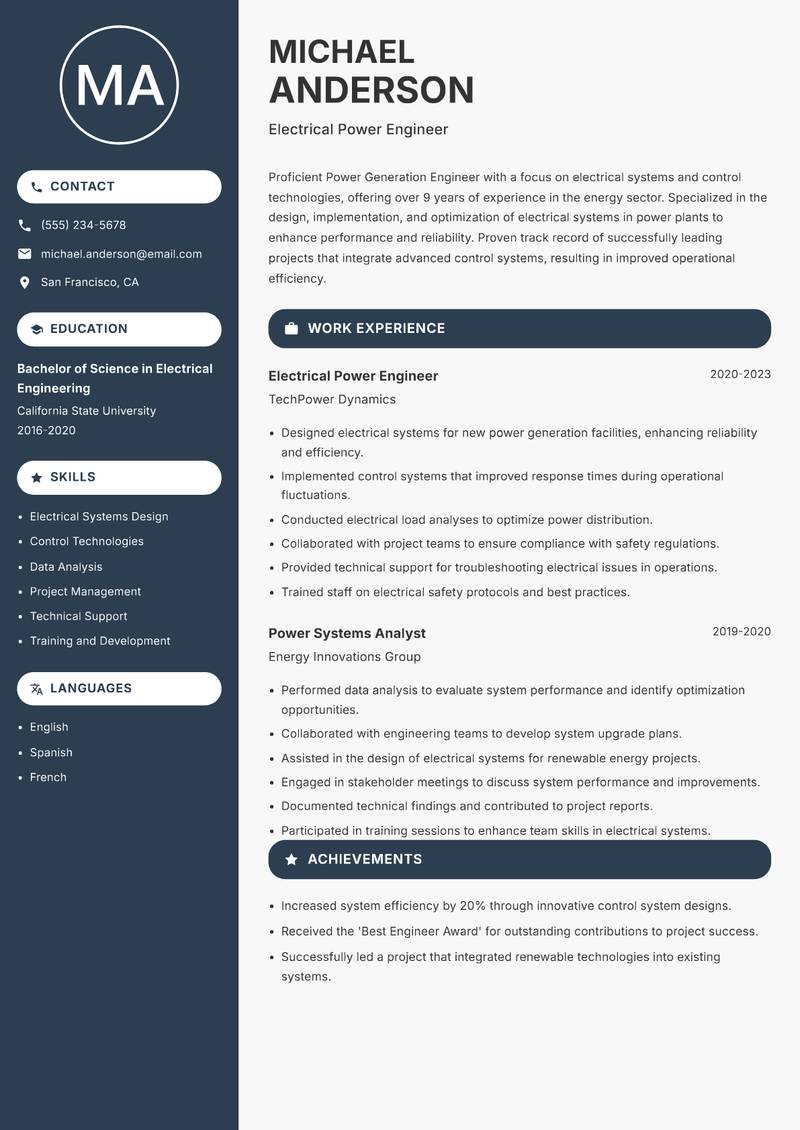 Power Generation Engineer resume template — Compact