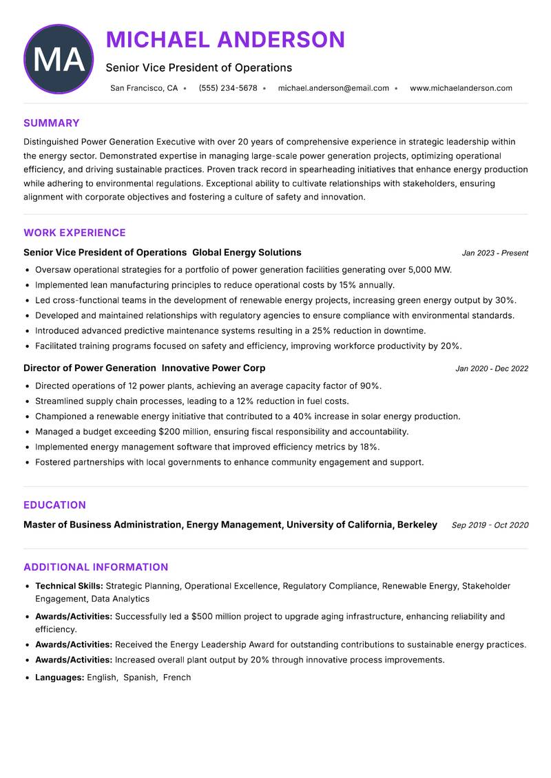 Power Generation Executive resume example — ATS-friendly template