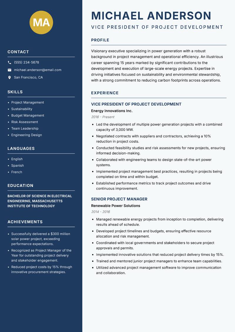 Power Generation Executive resume template — Classic Clean