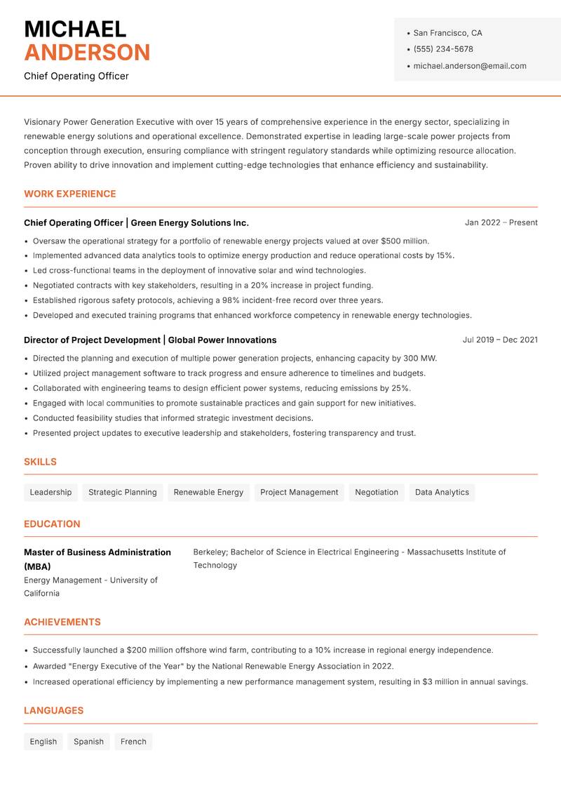 Power Generation Executive resume template — Modern Professional