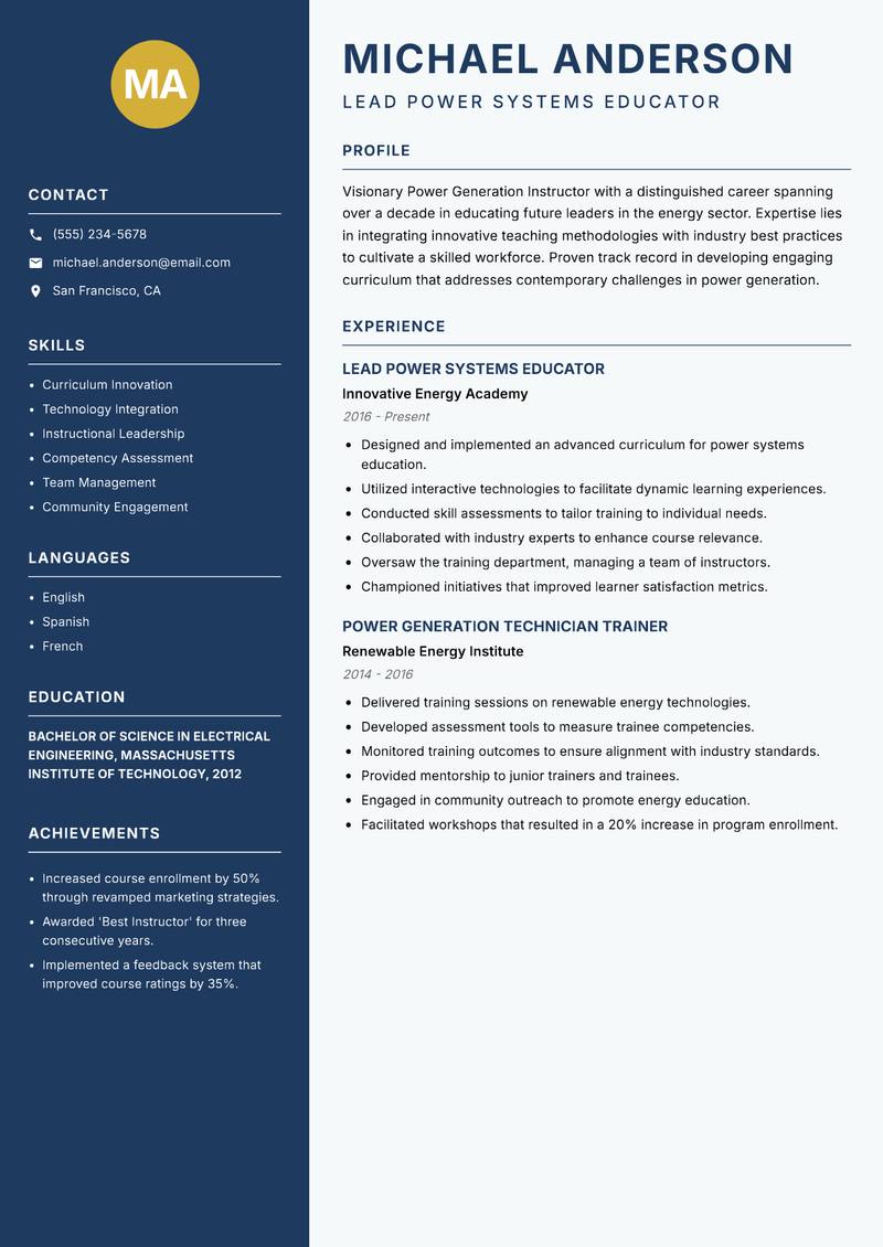 Power Generation Instructor resume template — Classic Clean