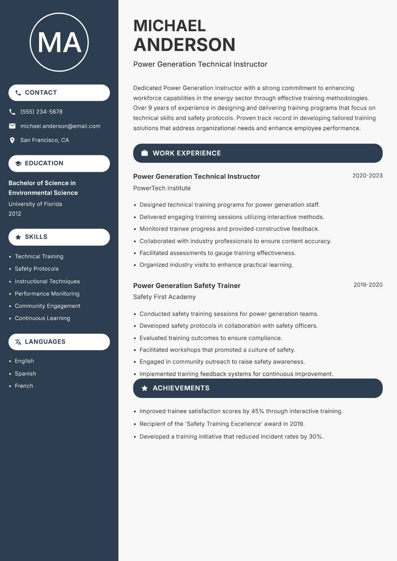 Power Generation Instructor resume template — Compact