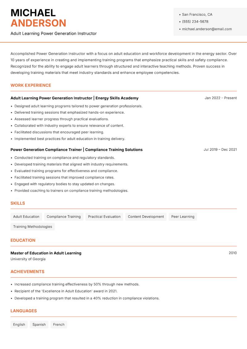 Power Generation Instructor resume template — Modern Professional