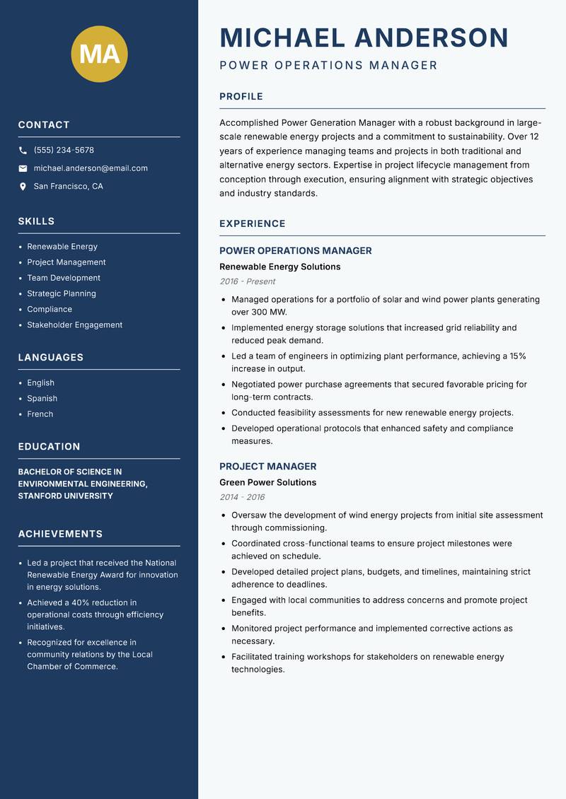 Power Generation Manager resume template — Classic Clean