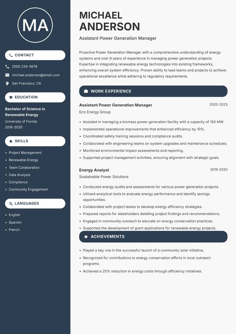 Power Generation Manager resume template — Compact