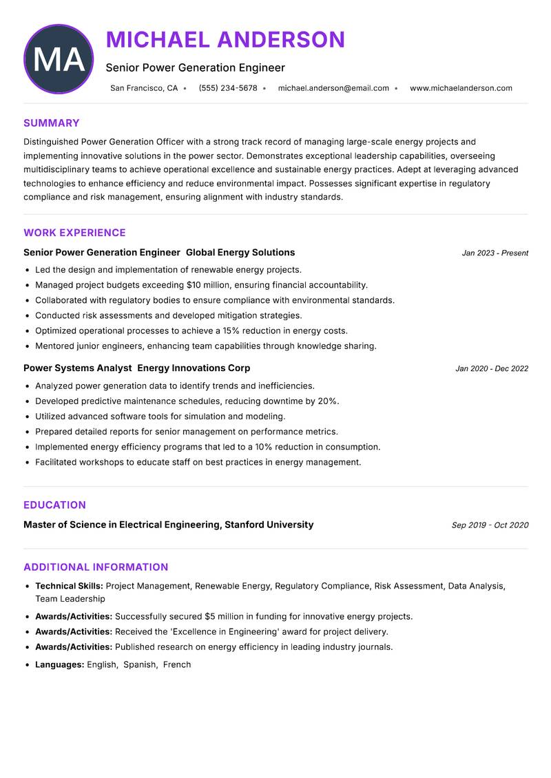 Power Generation Officer resume example — ATS-friendly template