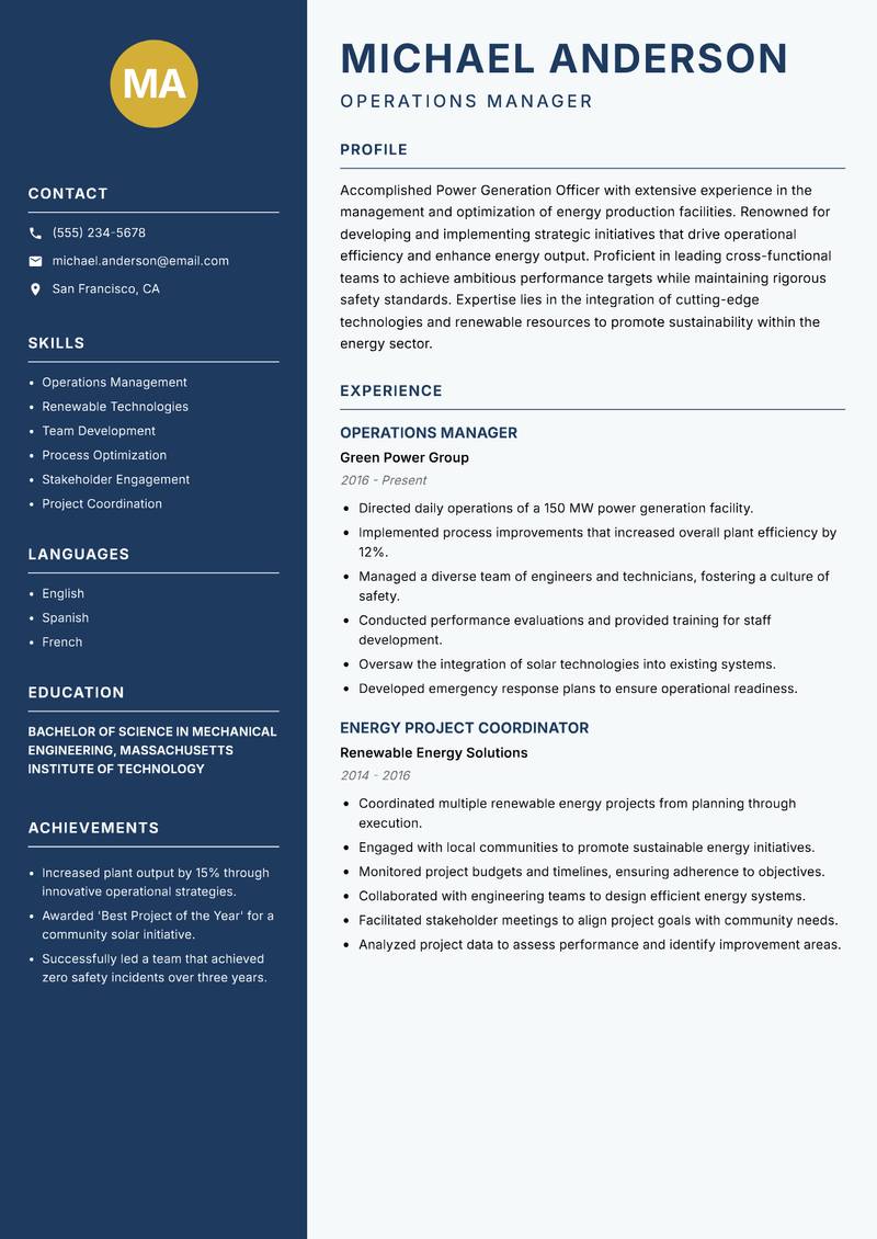 Power Generation Officer resume template — Classic Clean