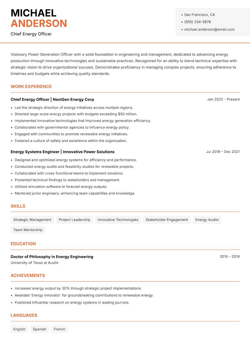 Power Generation Officer resume template — Modern Professional