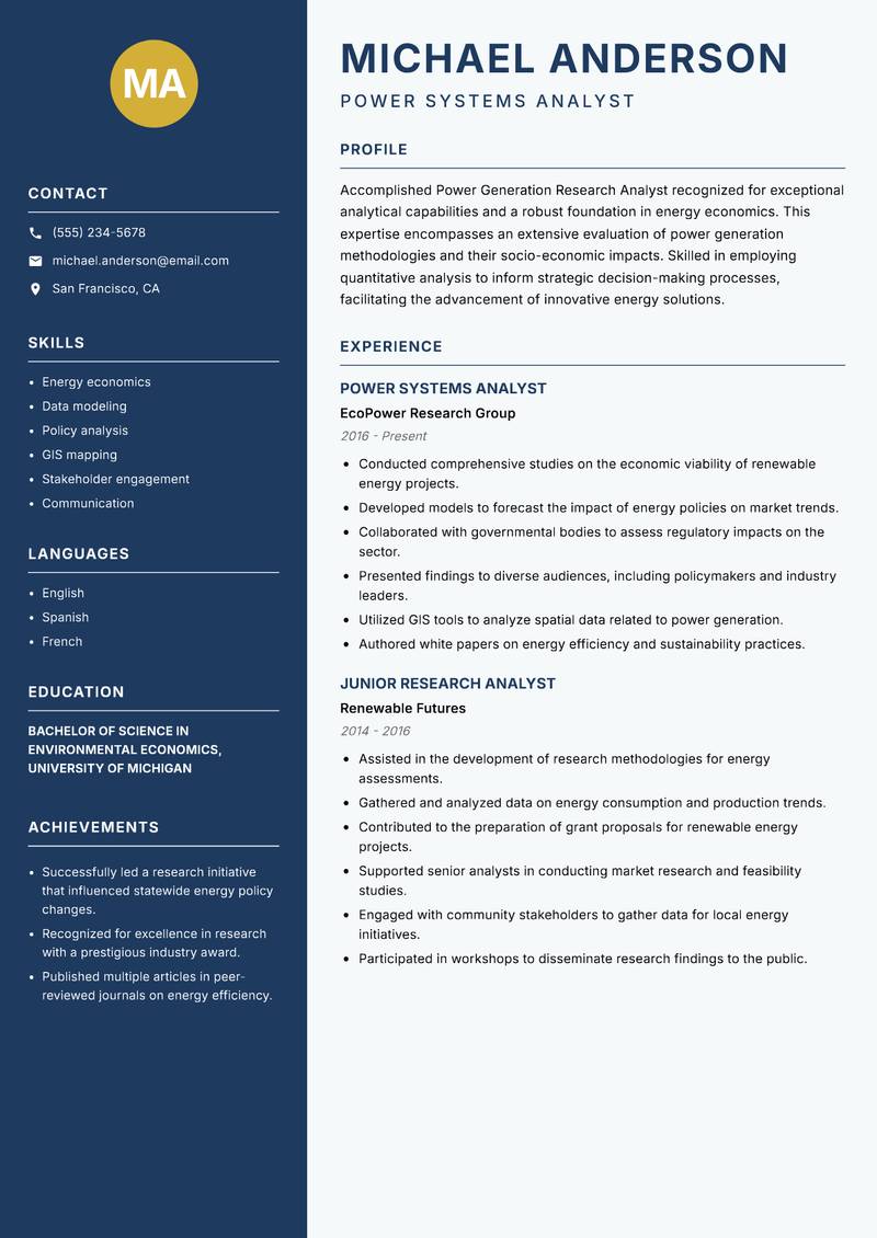 Power Generation Research Analyst resume template — Classic Clean