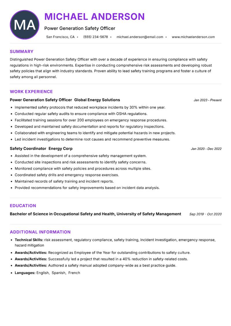 Power Generation Safety Officer resume example — ATS-friendly template