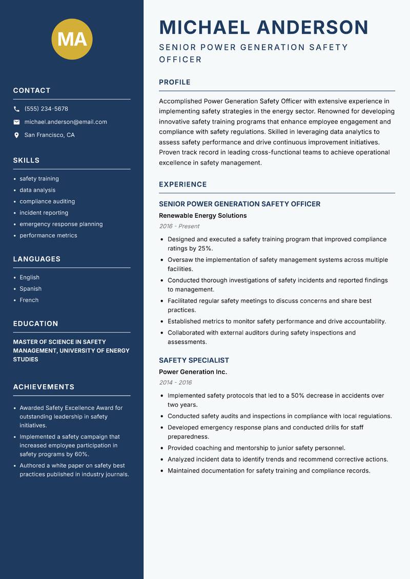 Power Generation Safety Officer resume template — Classic Clean