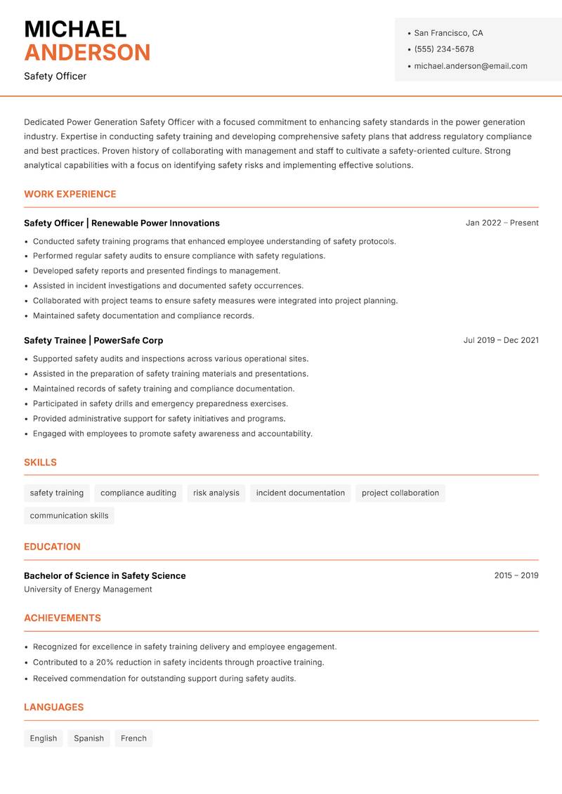 Power Generation Safety Officer resume template — Modern Professional