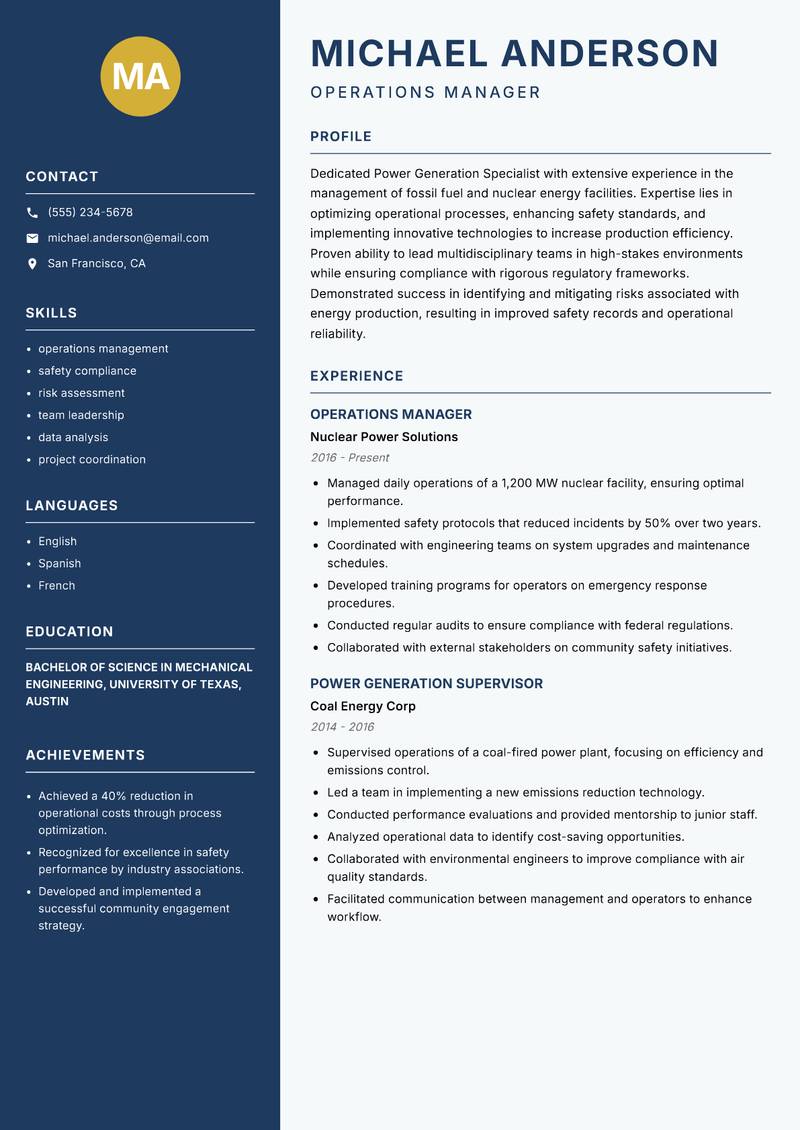 Power Generation Specialist resume template — Classic Clean