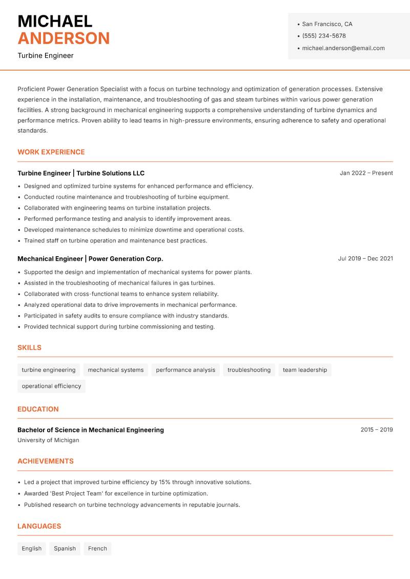 Power Generation Specialist resume template — Modern Professional