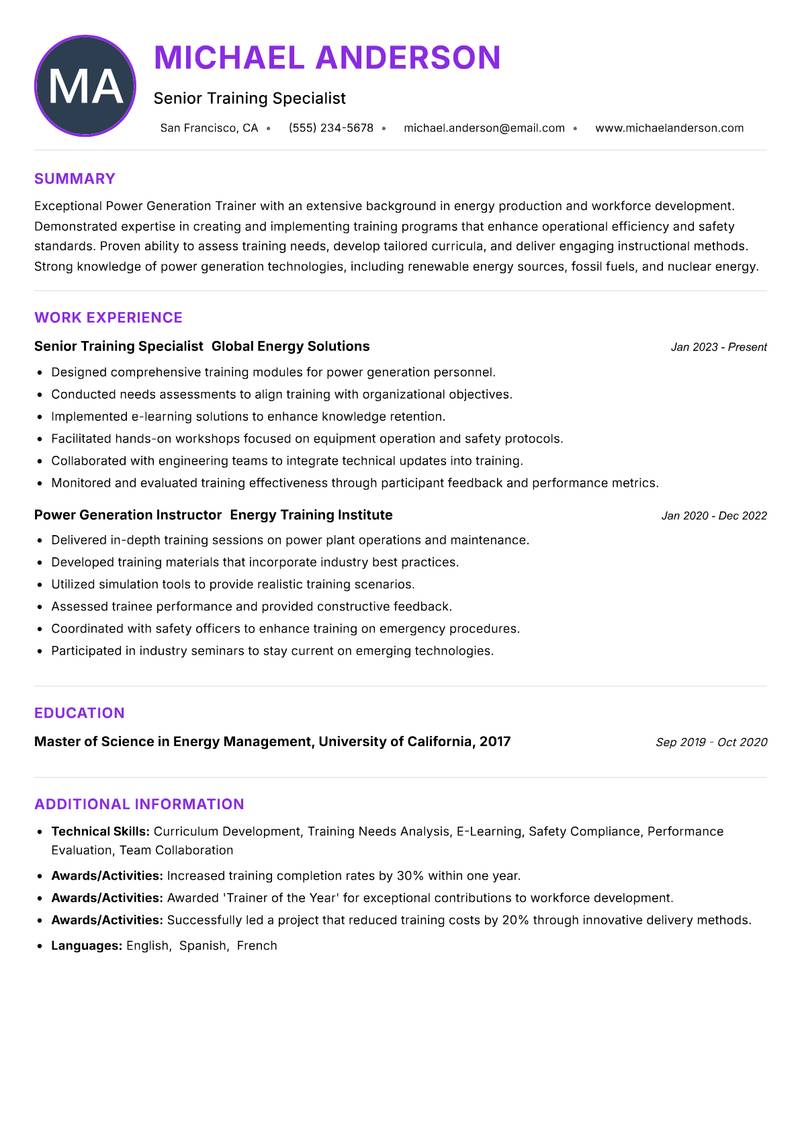 Power Generation Trainer resume example — ATS-friendly template