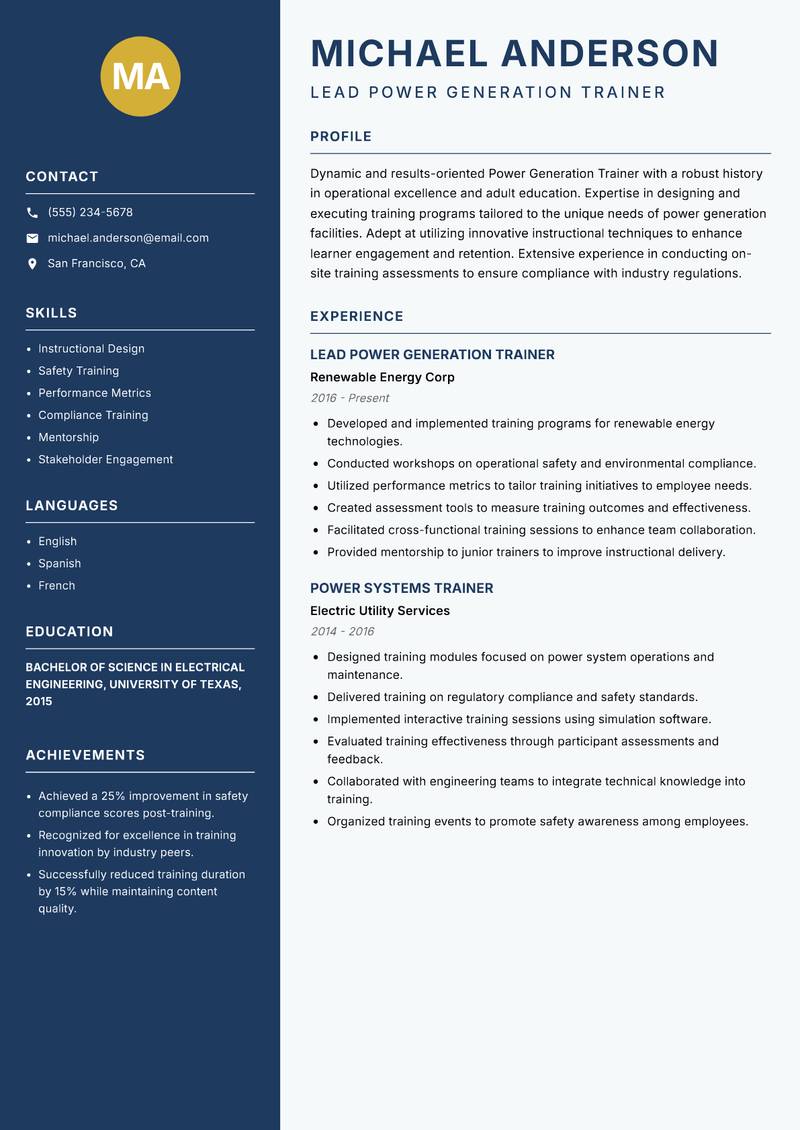 Power Generation Trainer resume template — Classic Clean