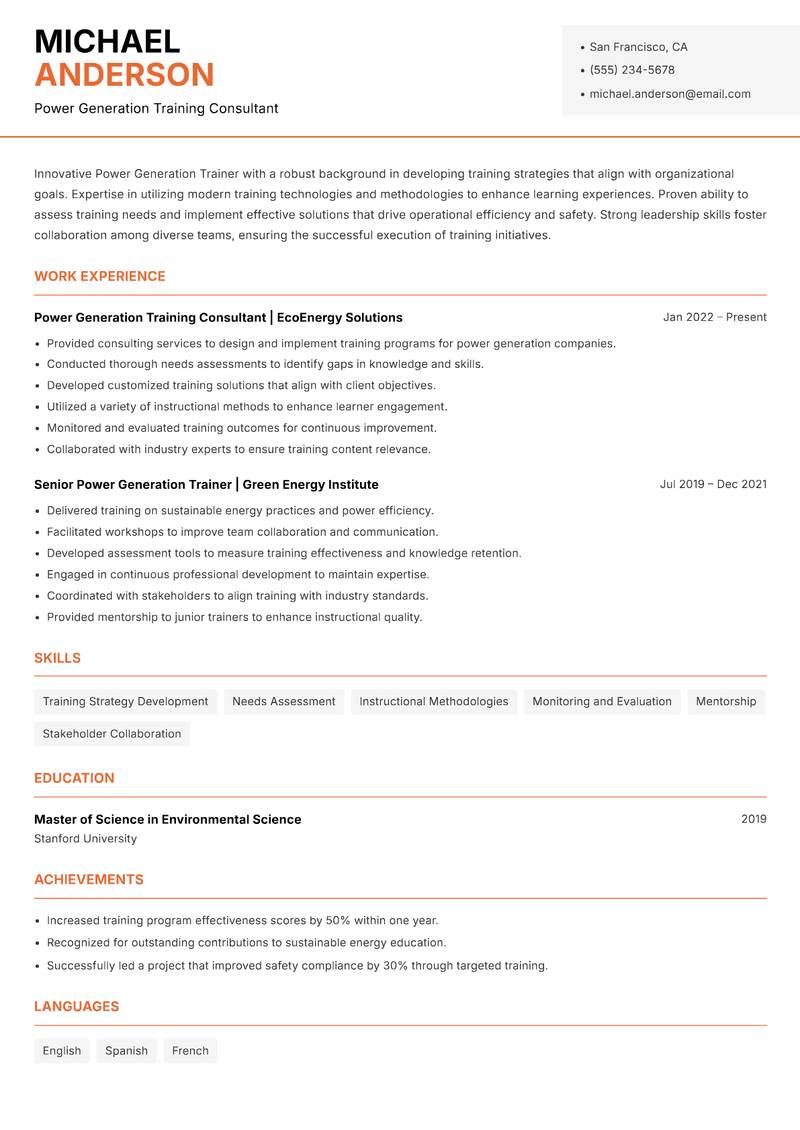 Power Generation Trainer resume template — Modern Professional