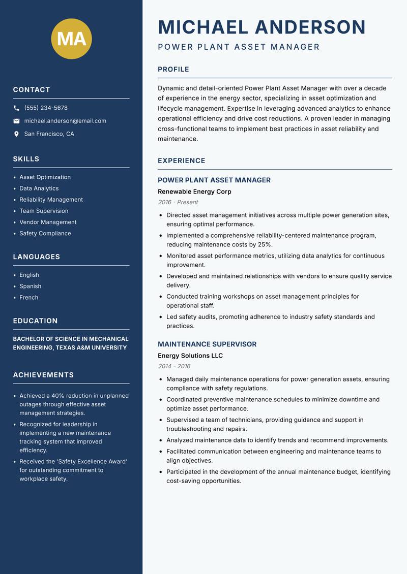 Power Plant Asset Manager resume template — Classic Clean