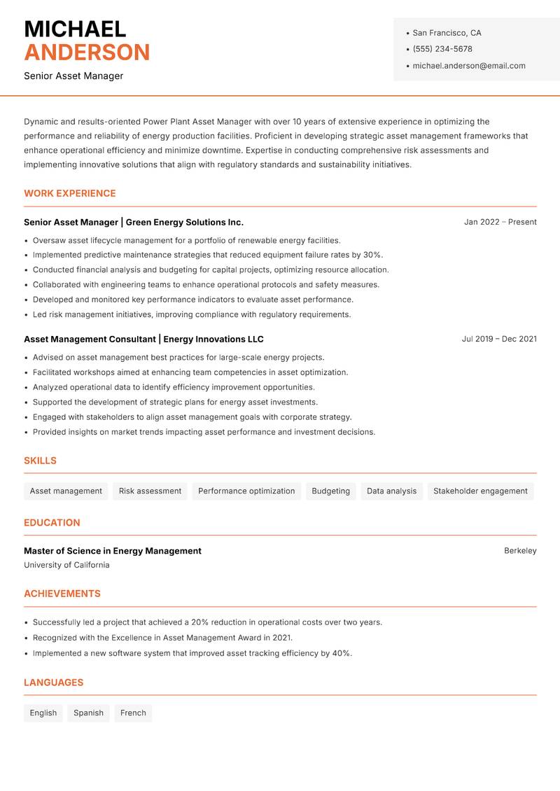 Power Plant Asset Manager resume template — Modern Professional